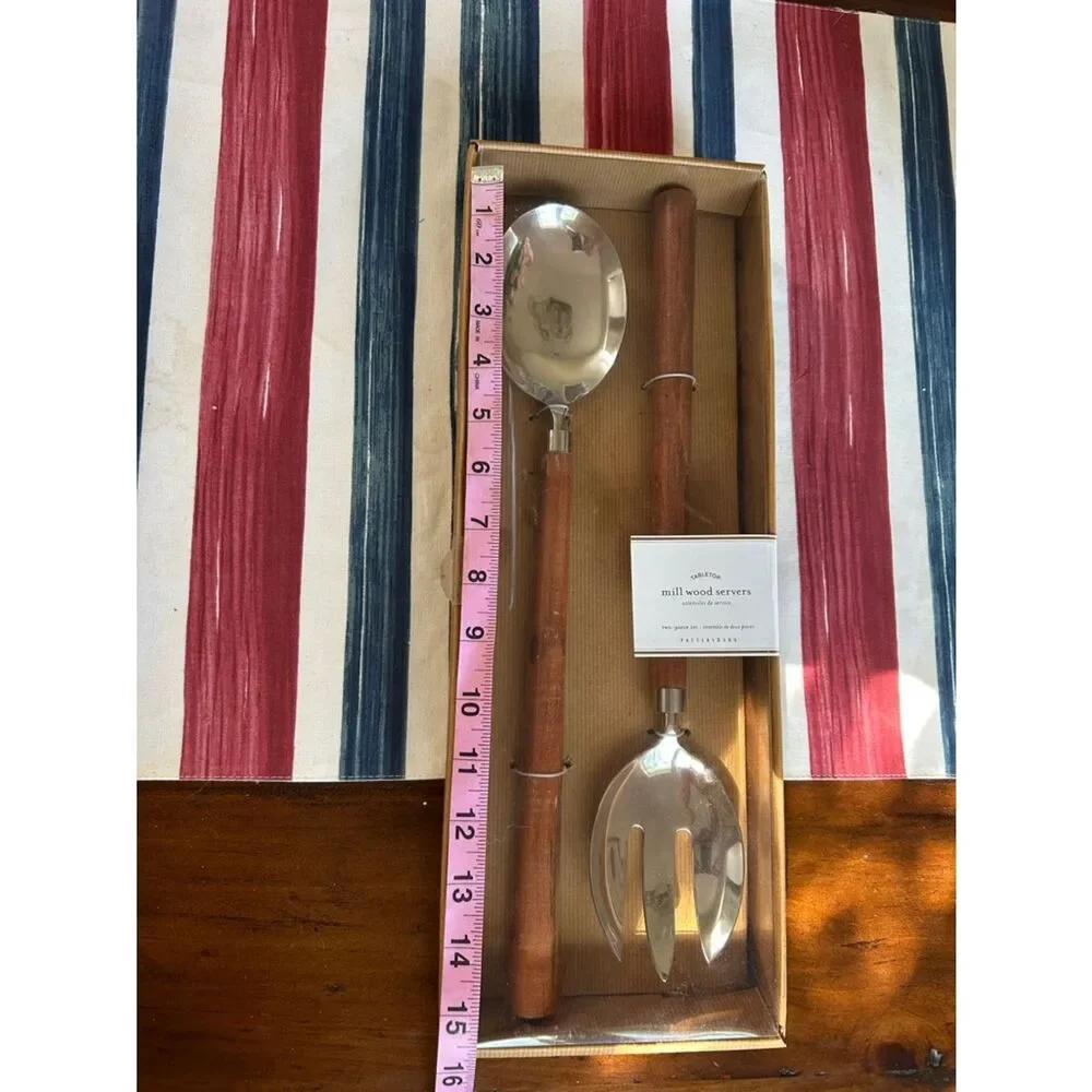 Pottery Barn NEW- Wood Handle Stainless Steel Serving Spoon and Fork Set